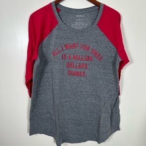 Torrid All I Want For X-Mas Red & Heathered Grey Triblend Raglan Tee 1X (14/16)